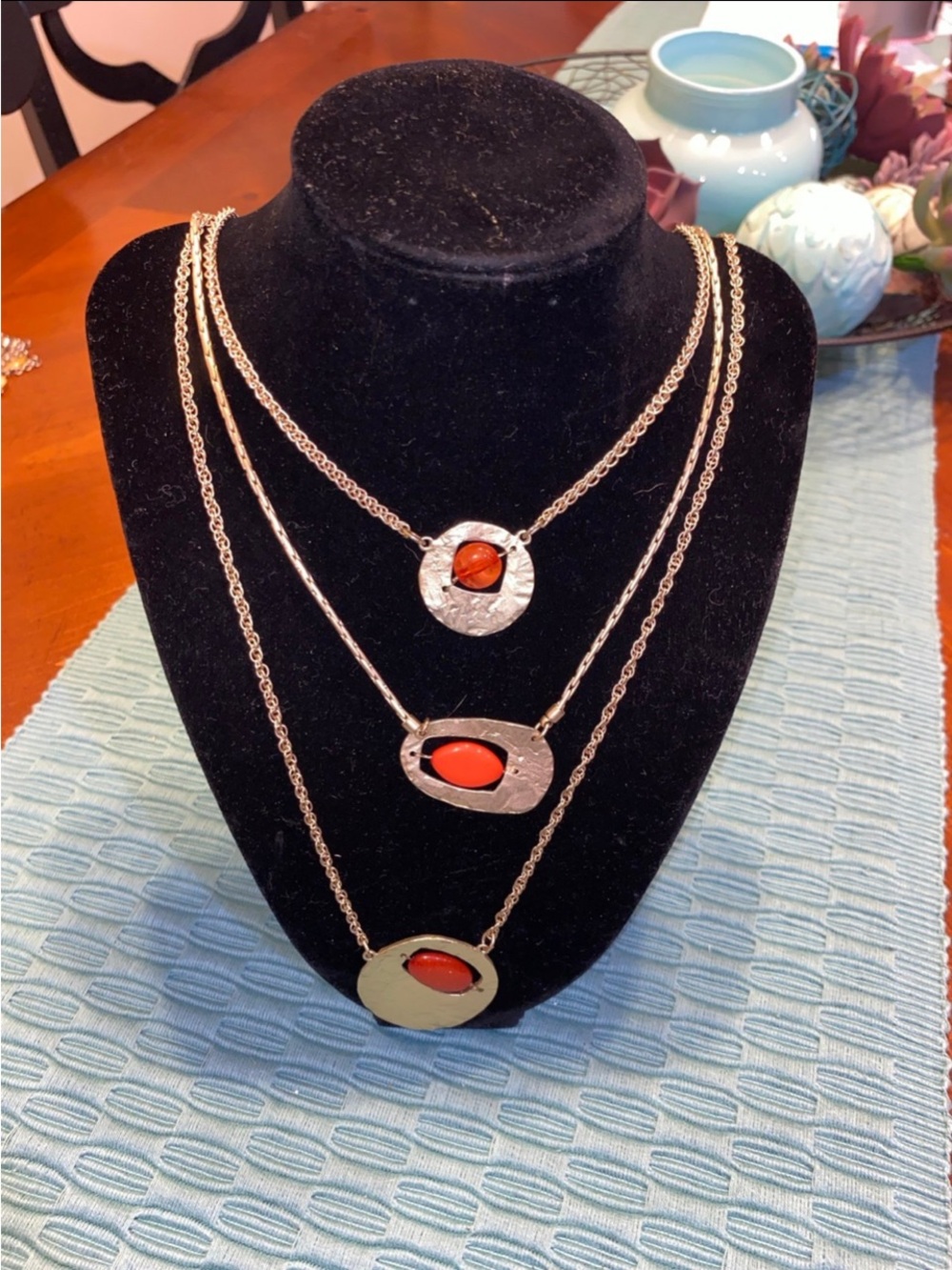 Three-Tier Silver Necklace with Orange Stone Pendants